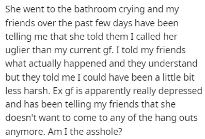 His ex stormed off crying, and she's been painting the wrong image for their mutual friends since that event