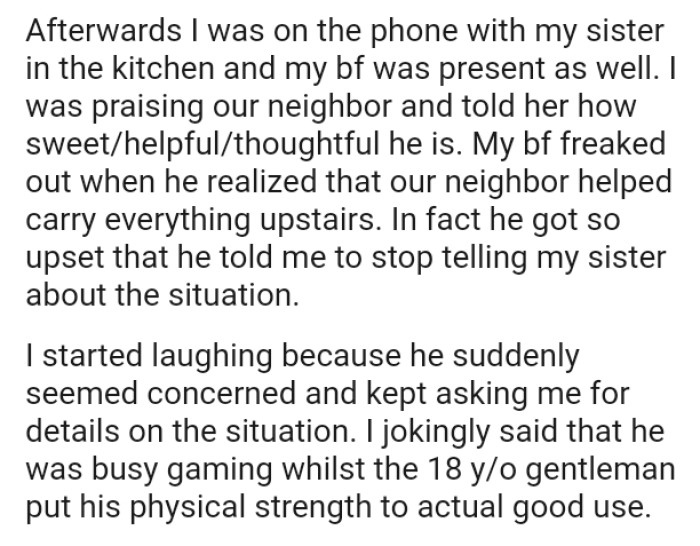 Boyfriend freaked out when he realized that their neighbor helped carry everything upstairs