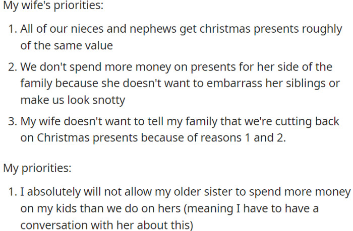 OP is trying to balance family's Christmas presents with equal value and avoiding embarrassment while discussing cutbacks with in-laws
