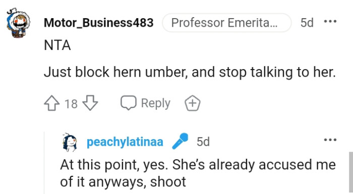The OP is considering blocking her number