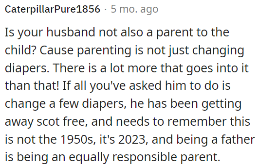 Fathers should be equally responsible parents, not just changing diapers.