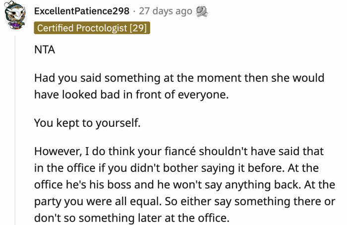 Chris could have answered Kat's dig during the party where they were all equals instead of making a quip at the office where the dynamics are different