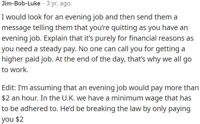 OP should consider finding an evening job with better pay and then inform her current employer of her resignation due to financial reasons.