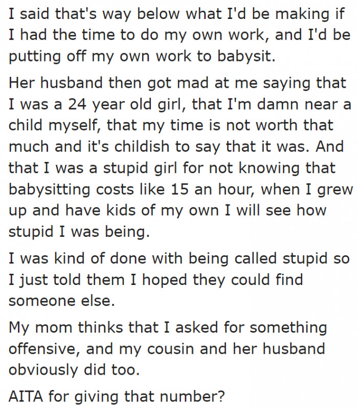She tried to explain her side, but she was insulted by her cousin's husband.