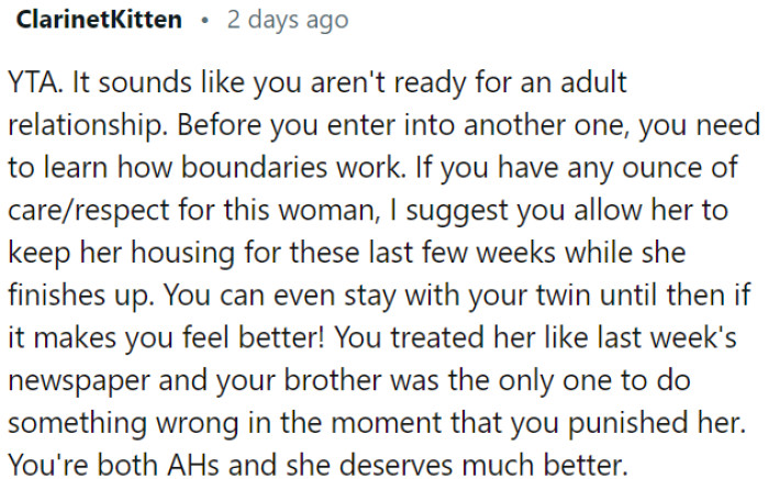 OP treats his girlfriend poorly and unfairly blames her for his twin's mistake.