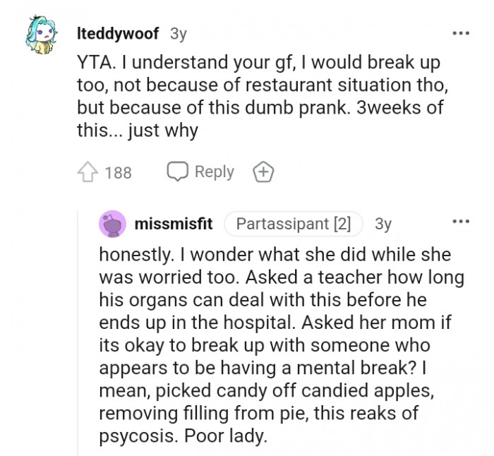 This Redditor says they'd break up too because of the dumb prank