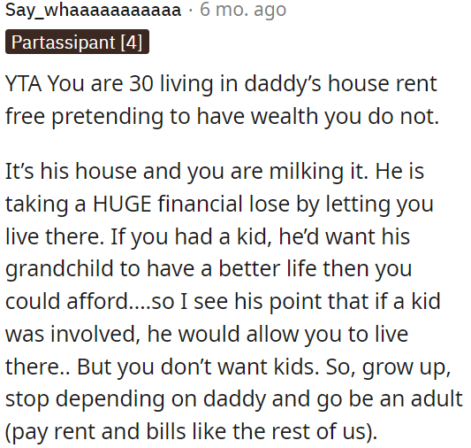 OP's dad is making a significant financial sacrifice by letting them stay there.