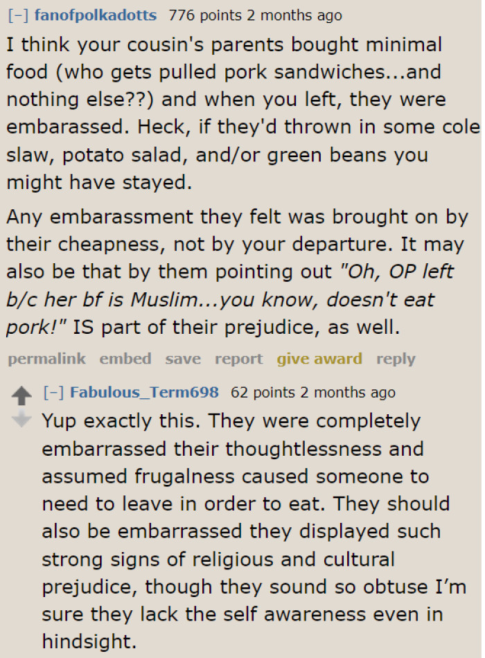 The Cousin's Parents Were Probably Embarrassed Because They Served Cheap Food.