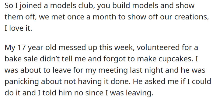 But recently, her son forgot to tell her about his volunteer bake sale, and she wasn't able to help him: