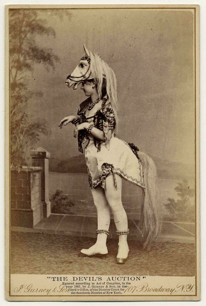 "Photograph Of Eliza Blesina, A Burlesque Performer, Wearing A Horse-Head Headdress, And A Short Costume With An Attached Horsetail In "The Devil's Auction", 1867"