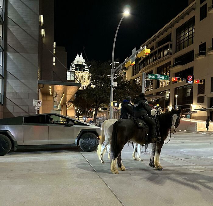 "Ground Transportation From Different Eras. Walked By This Pairing In Austin, TX Last Night"