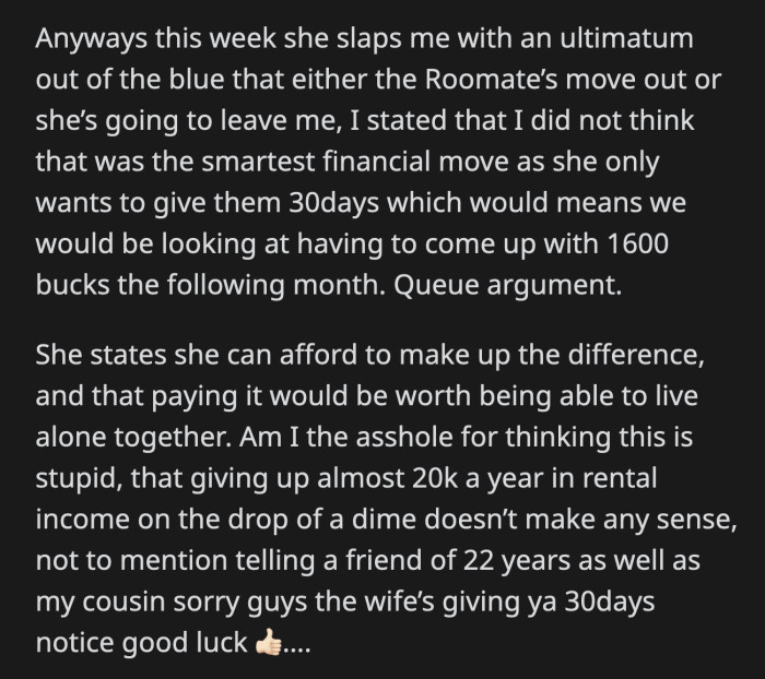 This way his wife can be completely debt-free and their tenants won't feel rushed