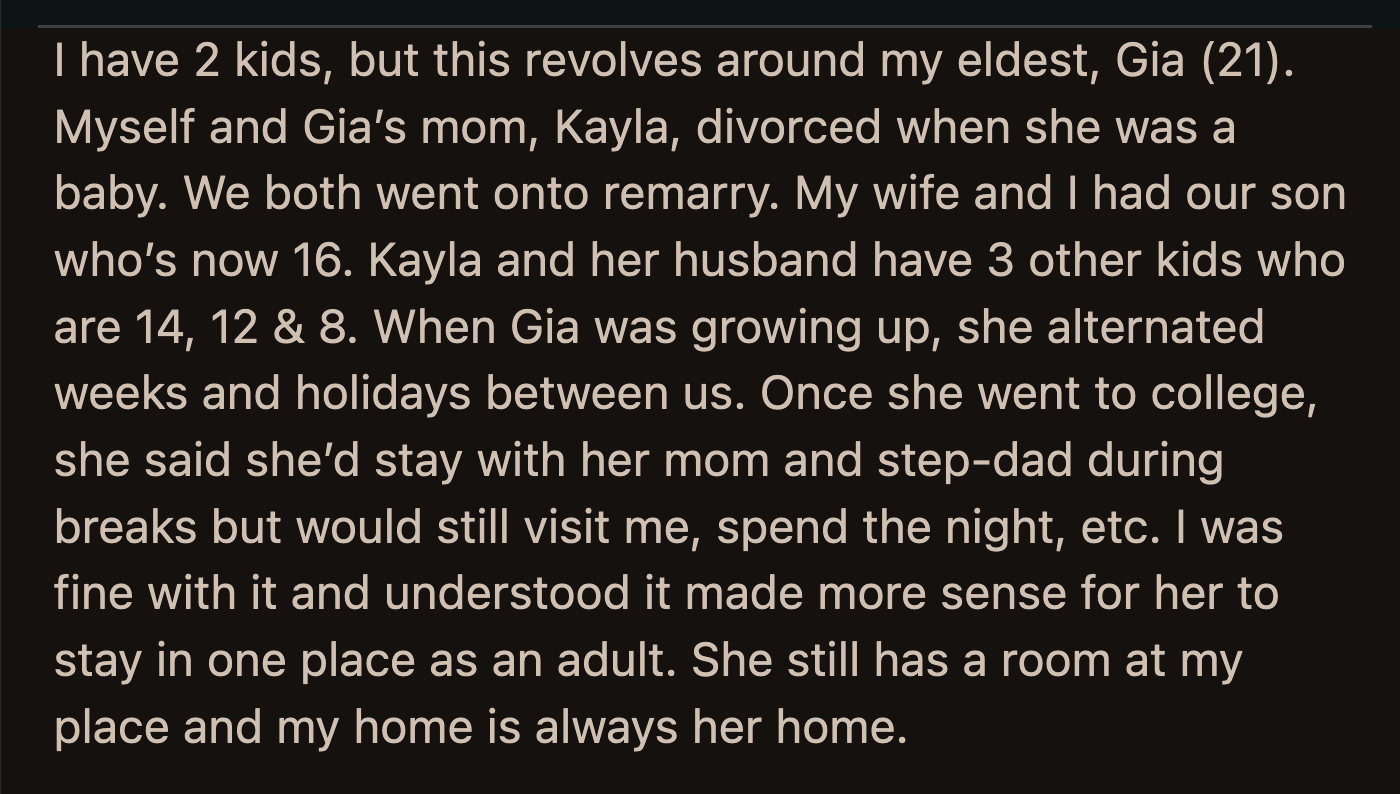After That Incident, Gia Approached OP and Asked If She Could Change Their Arrangement. She Planned to Live with Him During Breaks and Only Visit Her Mom When Possible.