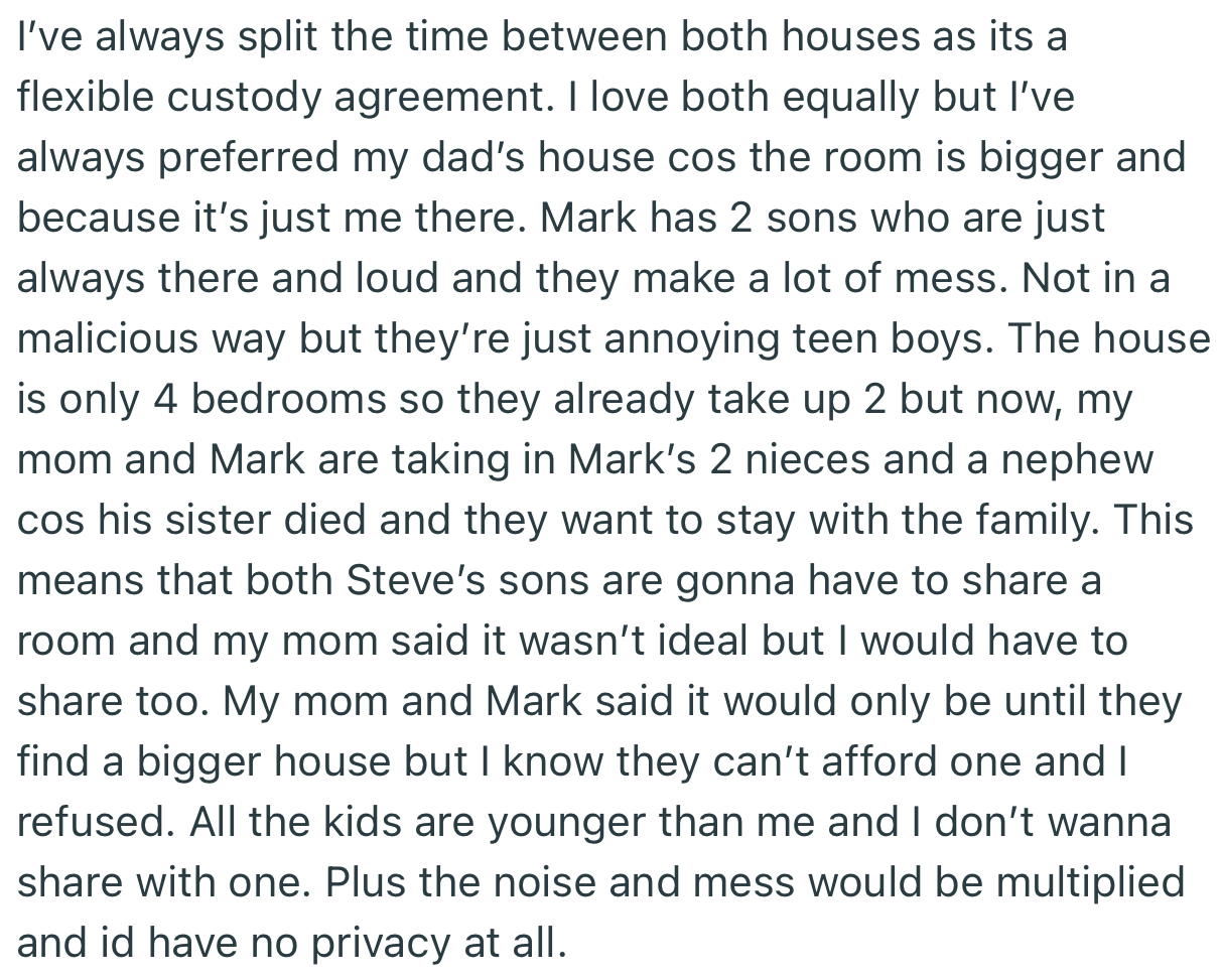 OP Loves Her Parents Equally, but Prefers Her Dad’s House Due to How Spacious and Serene It Is Compared to Her Mom’s Place