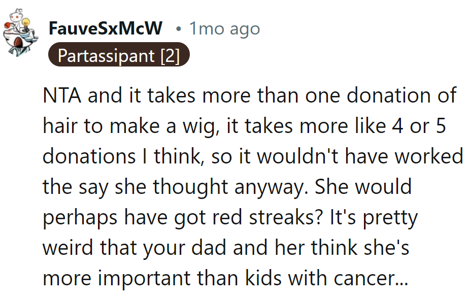 One donation isn't enough for a wig; she might end up with red streaks! Dad and stepmom's priorities are off.