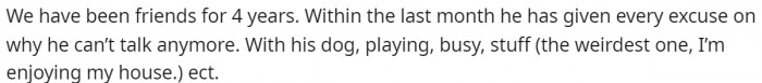 She starts by explaining how long they've been friends and what's going on.