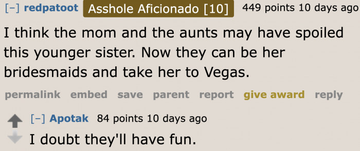 If she's too entitled, at some point, it'll just be her mom and aunts who attend the wedding.