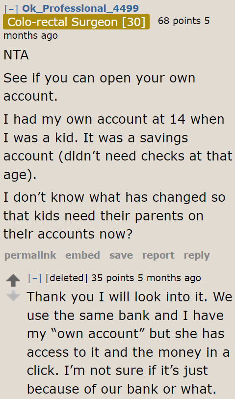 Other Redditors suggest opening her own account, one that won't allow her mother to have access.