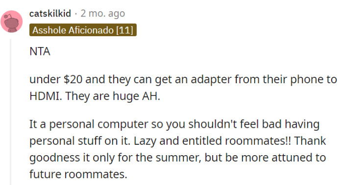 The laptop is OP's personal territory, and it's a valuable lesson in handling roommates, even if it's just for the summer.