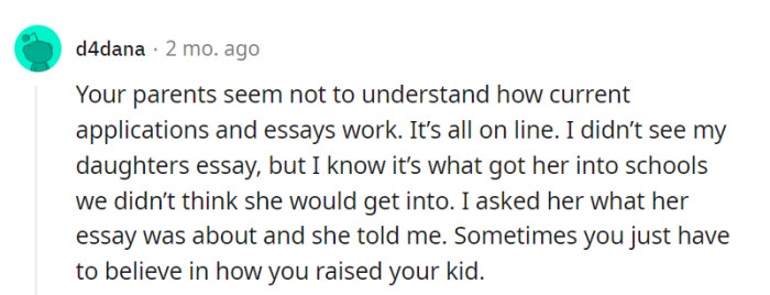 OP's parents might need a modern college application tutorial...