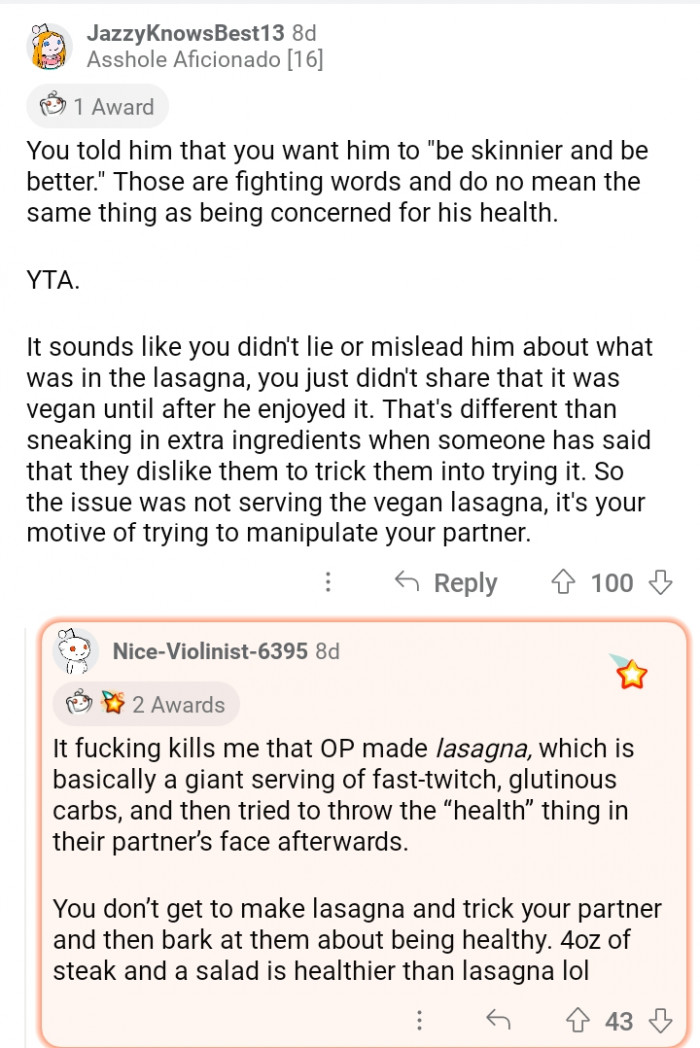 15. Please bear in mind that eating poultry is IMPORTANT compared to vegan lasagna.