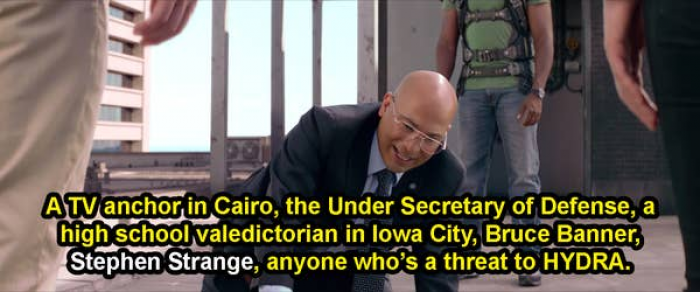 47. We hear Stephen Strange mentioned as a target of Project Insight in 'Captain America: The Winter Solider'