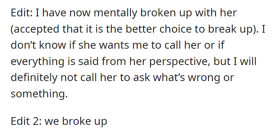 Decided to break up; uncertain about further communication.