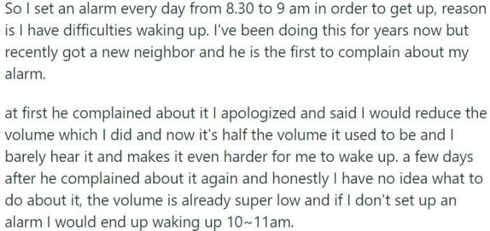 Ongoing alarm dispute with new neighbor despite efforts to reduce volume