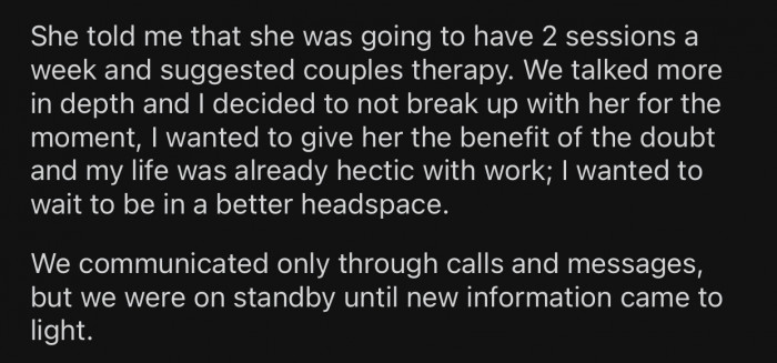 OP's GF realized the jealousy was getting out of hand and decided to get professional help.