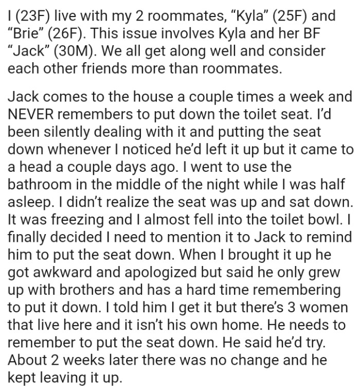 The OP has been silently dealing with it and putting the seat down whenever she noticed he’d left it up