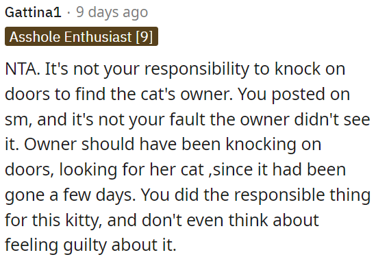 It's the owner's responsibility to search for their pet; OP shouldn't feel guilty.