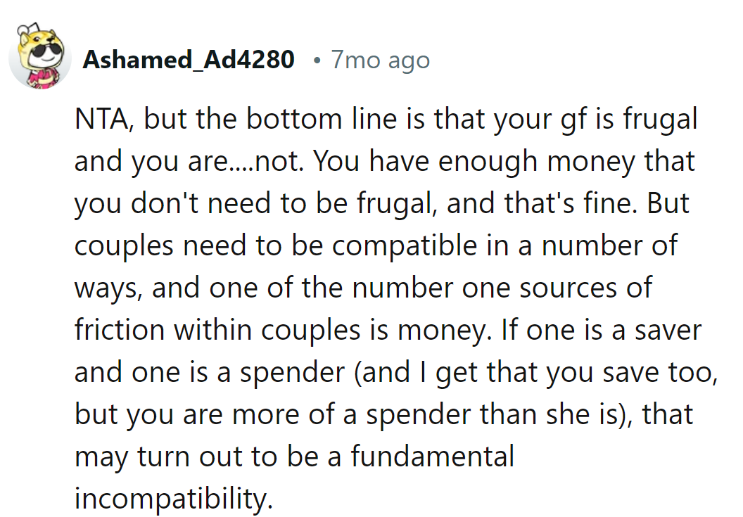 He's spending dimes while she's counting pennies. If their currencies clash, it's harmony they'll lack.