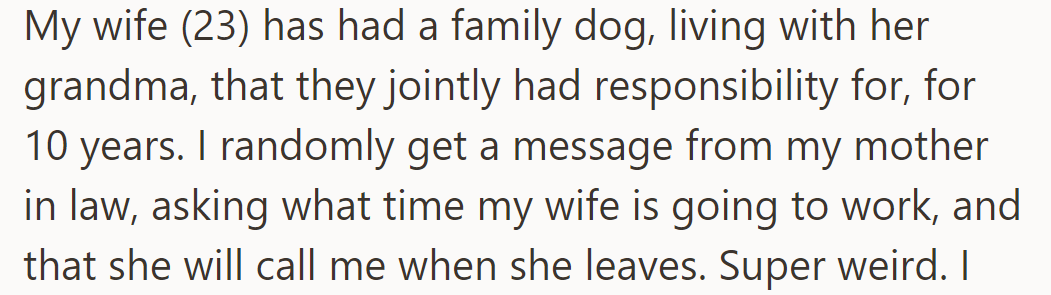 OP's mother-in-law's question about his wife's schedule seemed odd.