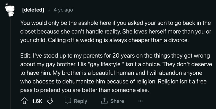 Pushing his outed son back into the closet is not an option. This just shows that OP's to-be wife doesn't prioritize his son.