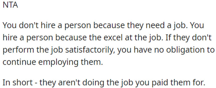 Hiring someone should be based on their job performance, not just because they need a job.
