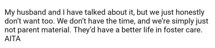 They talked it through but decided they weren't going to adopt their nieces, somehow thinking they would be 