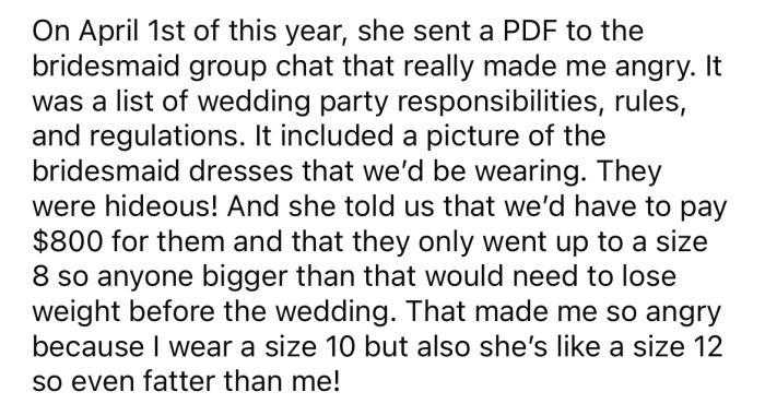 On April 1st, the bride sent out a list of 