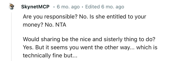 “Are You Responsible? No. Is She Entitled to Your Money? No. NTA.”