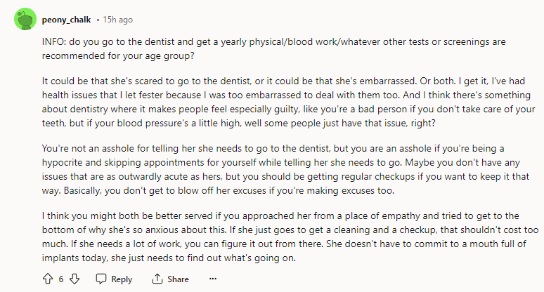 You're not an asshole for telling her she needs to go to the dentist