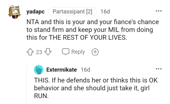 This is the OP's and her fiancé's chance to stand firm