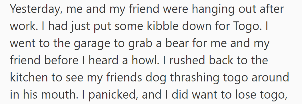 Yesterday, while hanging out, OP heard a howl and found his friend's dog thrashing Togo.