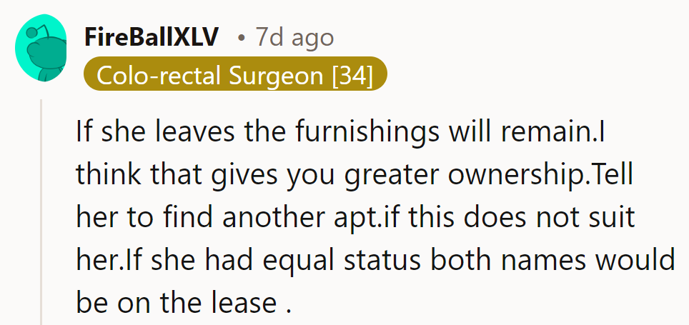 NTA—If she leaves, the furnishings stay. Greater ownership is theirs. They should tell her to find another place!
