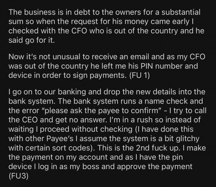 OP messed up multiple times and made sure to point out every single one of them.