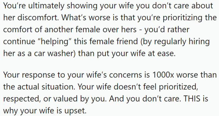 OP is prioritizing the comfort of another female over hers