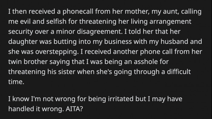 The next call came from her cousin's twin brother who called OP an a**hole for threatening his sister when she's having a difficult time