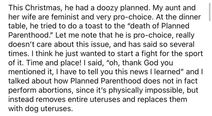 At Christmas dinner, the OP's dad tried to make a toast to 