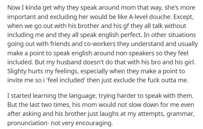 She acknowledges that she understands why they speak their native language but notes that they've been quite unsupportive of her attempts to be included or to speak their language.