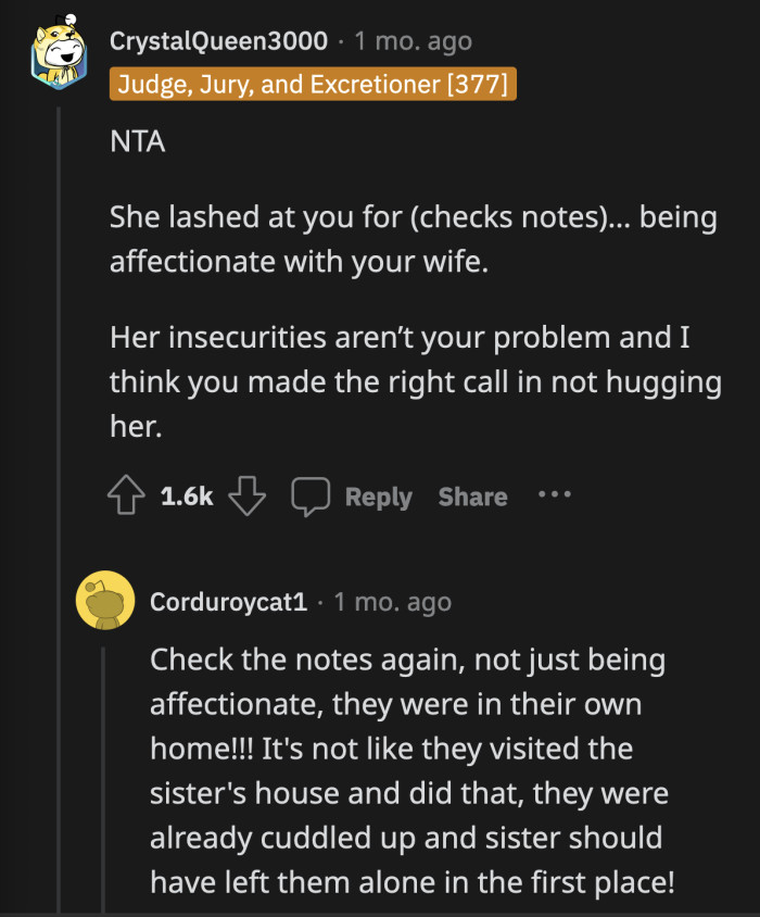 It's not like they went to her place and cuddled up... If that's what happened, then she is right to be offended, but OP and his wife were in their own home being sweet with each other.