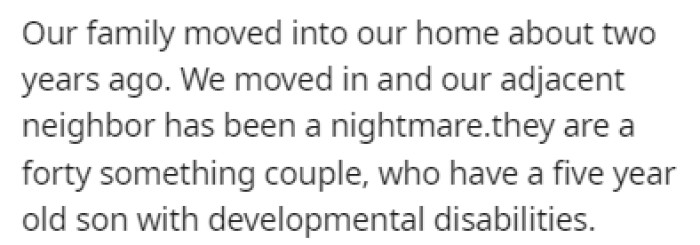 OP and her family moved into their home two years ago and their neighbors have been a nightmare