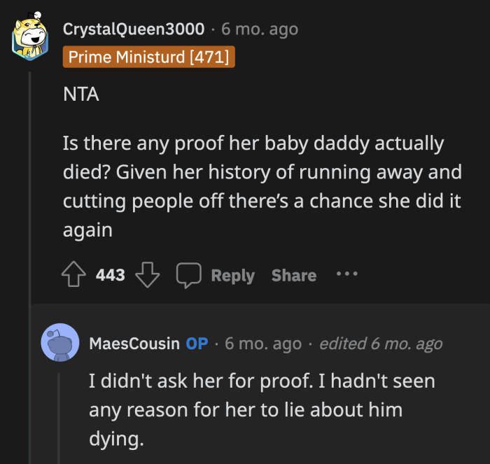 Redditor was curious if Mae was truthful about what happened to her daughter's father.